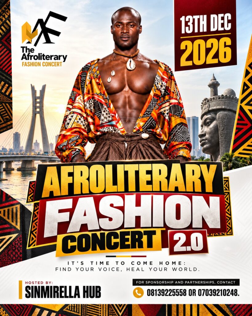 Flyer: AfroLiterary Fashion Concert 2.0, 13 December 2026. It’s time to come home: find your voice, heal your world. Hosted by Sinmirella Hub.