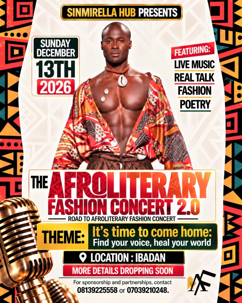 Flyer: Sinmirella Hub presents The AfroLiterary Fashion Concert 2.0, Sunday 13 December 2026, Ibadan. Featuring live music, real talk, fashion and poetry.
